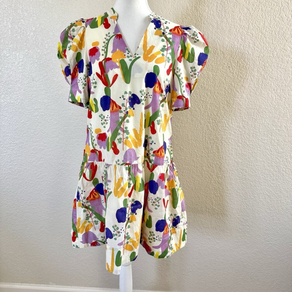 Entro Small Floral Mini Dress Puff Sleeve Drop Waist Pockets Colorful Cotton